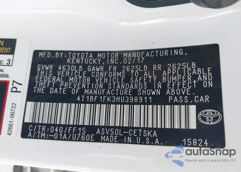 2017 Toyota Camry Se z USA, uszkodzony, nr VIN 4T1BF1FK3HU398911